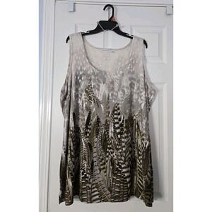 Susan Graver Womans Plus Size Tank Top Size 3XL With A Feather Print. Brown,...